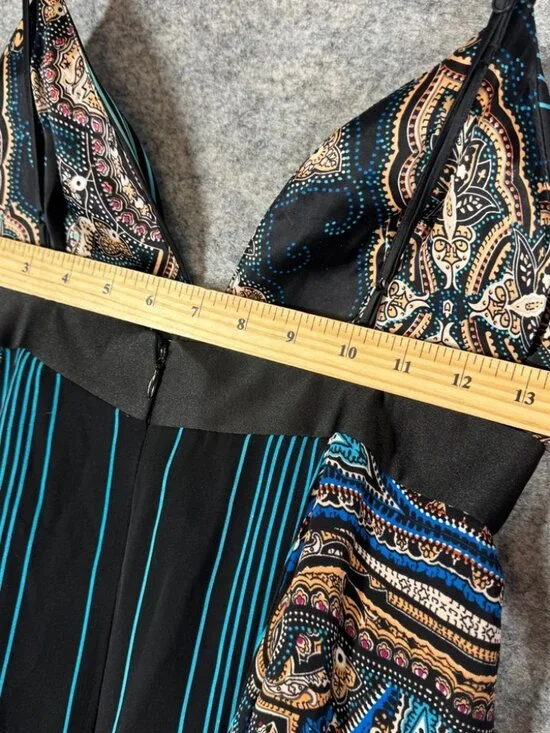 Y2K Vintage Silk Mini Dress Black Blue Paisley Halter Size P Boho Festival Chic - Picture 11 of 15